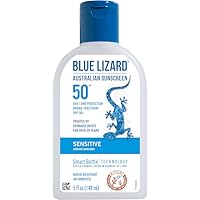 BLUE LIZARD Sensitive Mineral Sunscreen with Zinc Oxide, SPF 50+, Water Resistant, UVA/UVB Protection with Smart Bottle Technology - Fragrance Free, 5 oz
